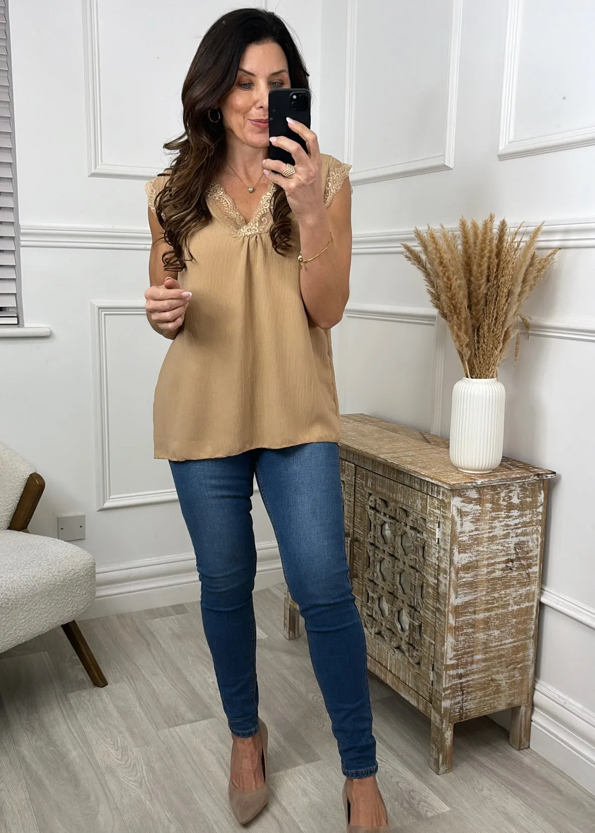 Davina Camel Lace Trim Top