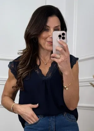 Davina Navy Lace Trim Top
