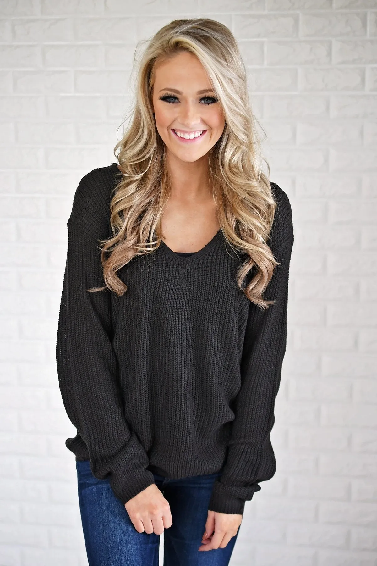 Deep Charcoal Knit Back Lace Sweater