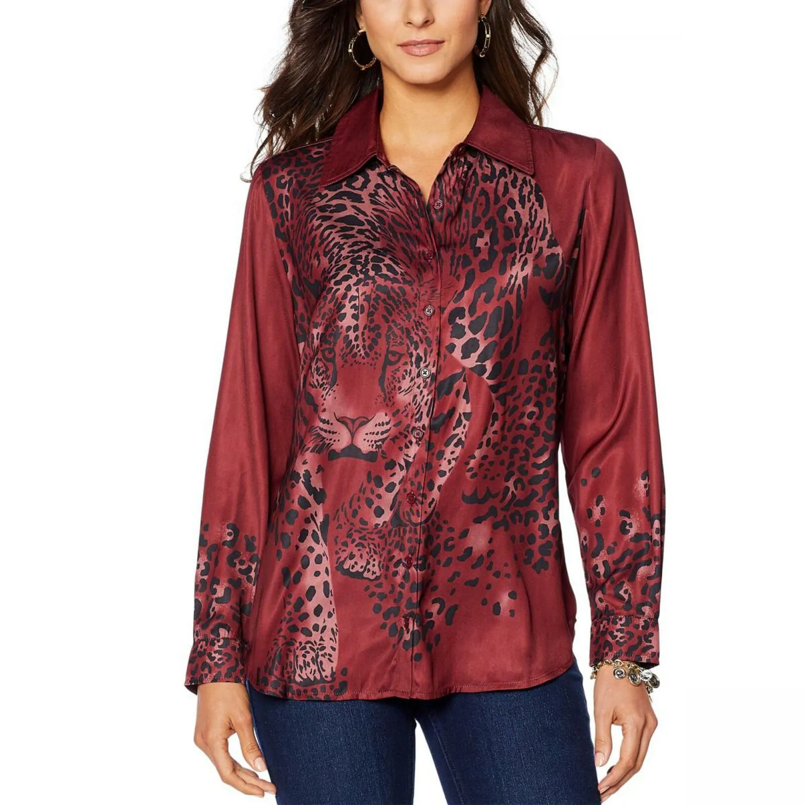 DG2 by Diane Gilman Women's Charmeuse Animal Print Button Blouse