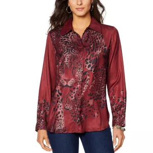 DG2 by Diane Gilman Women's Charmeuse Animal Print Button Blouse
