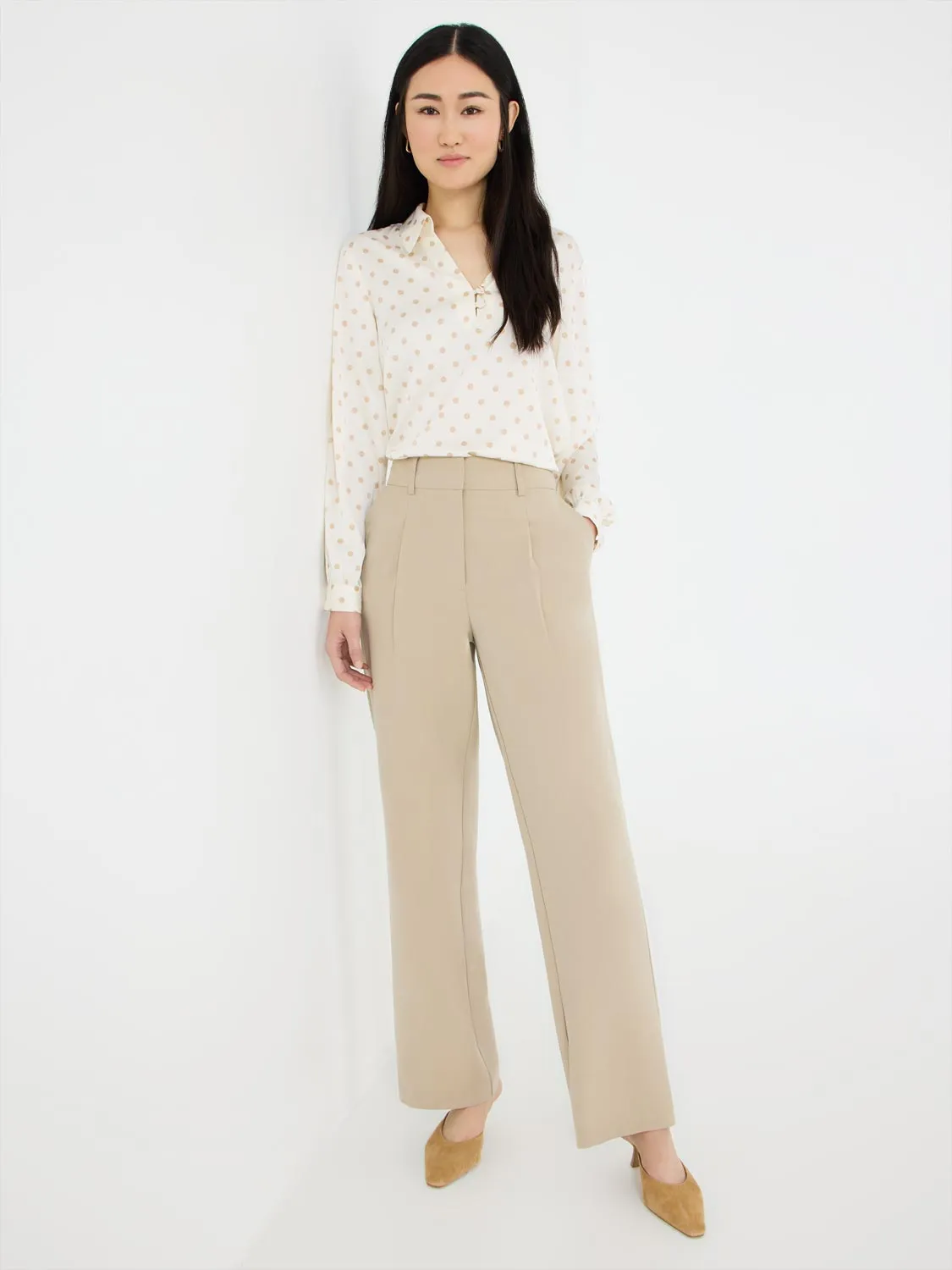 Dot Print Split Collar Satin Blouse