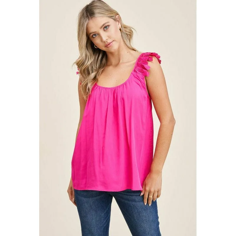Double U Neck Lace Ruffled Strap Sleeveless Top