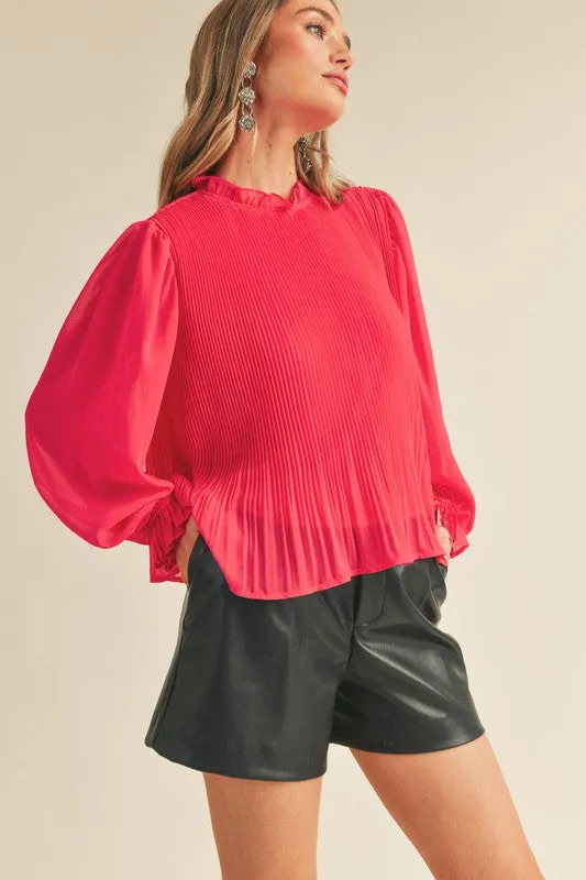 Electric Pink Pleated Ruffle Neck Top