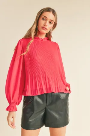 Electric Pink Pleated Ruffle Neck Top