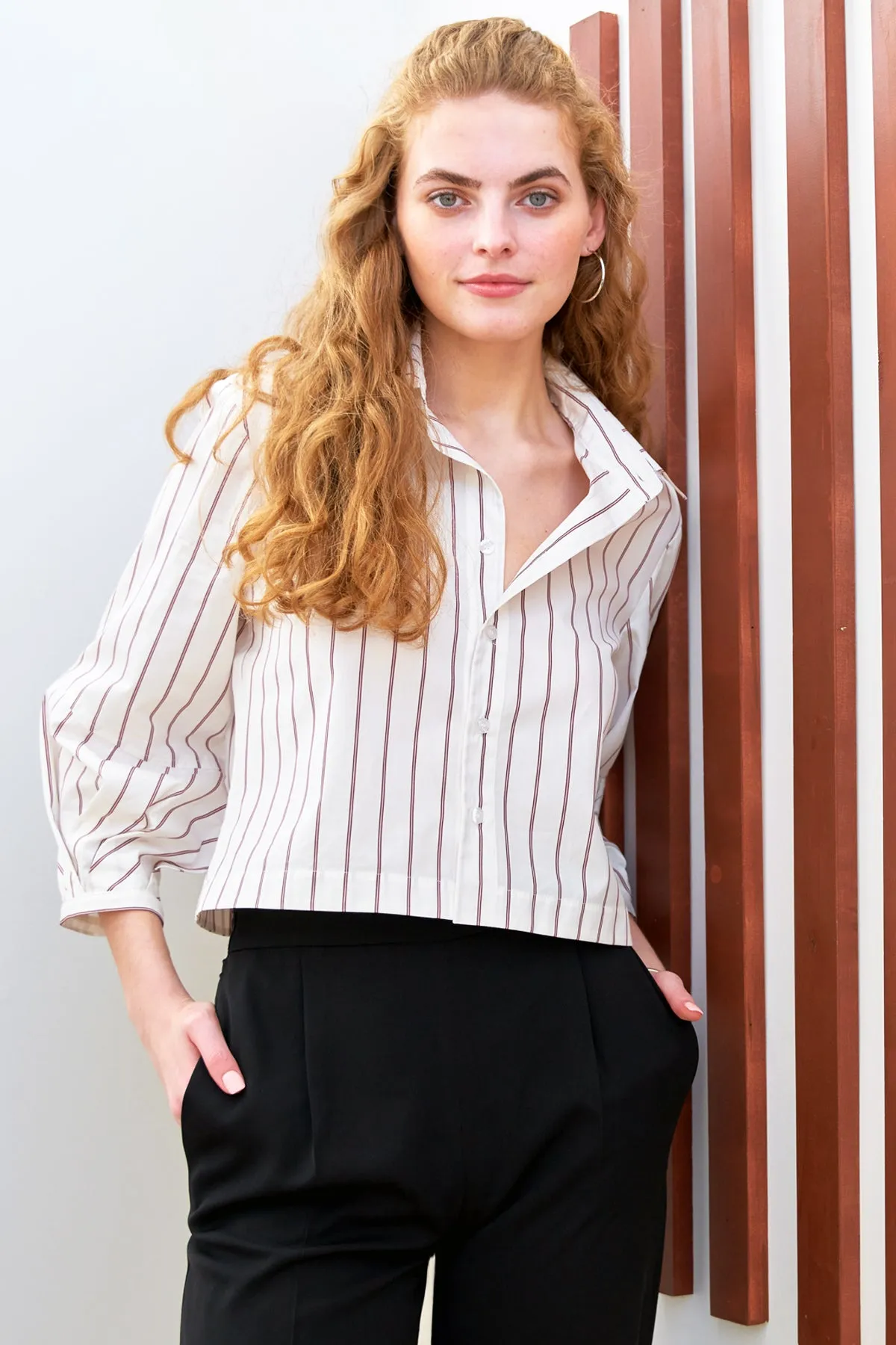 Emmy, Pleated Cuff Cropped Poplin Shirt, Blue Pinstripe