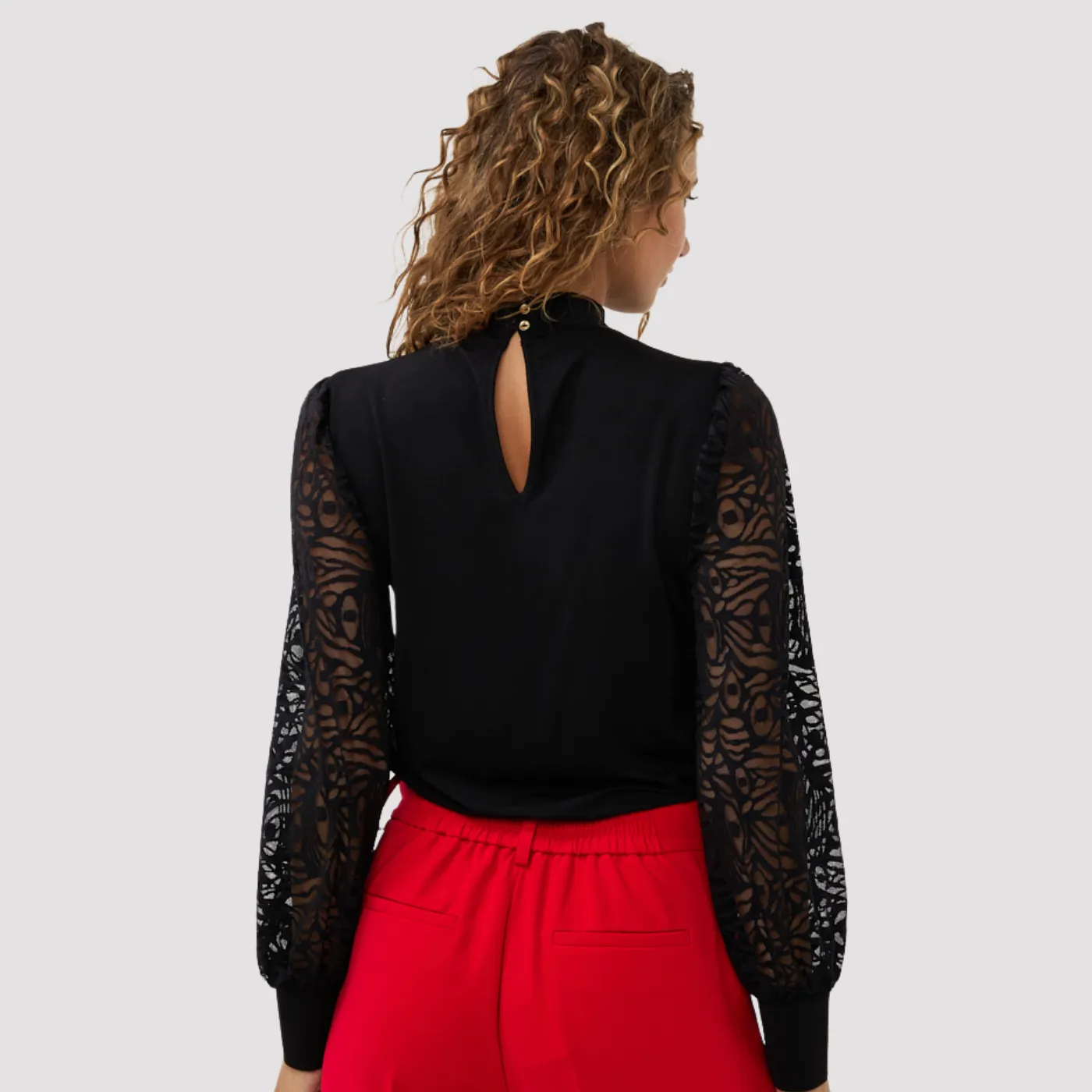 Esqualo Round Neck Blouse With Mesh Lace Sleeves | Black