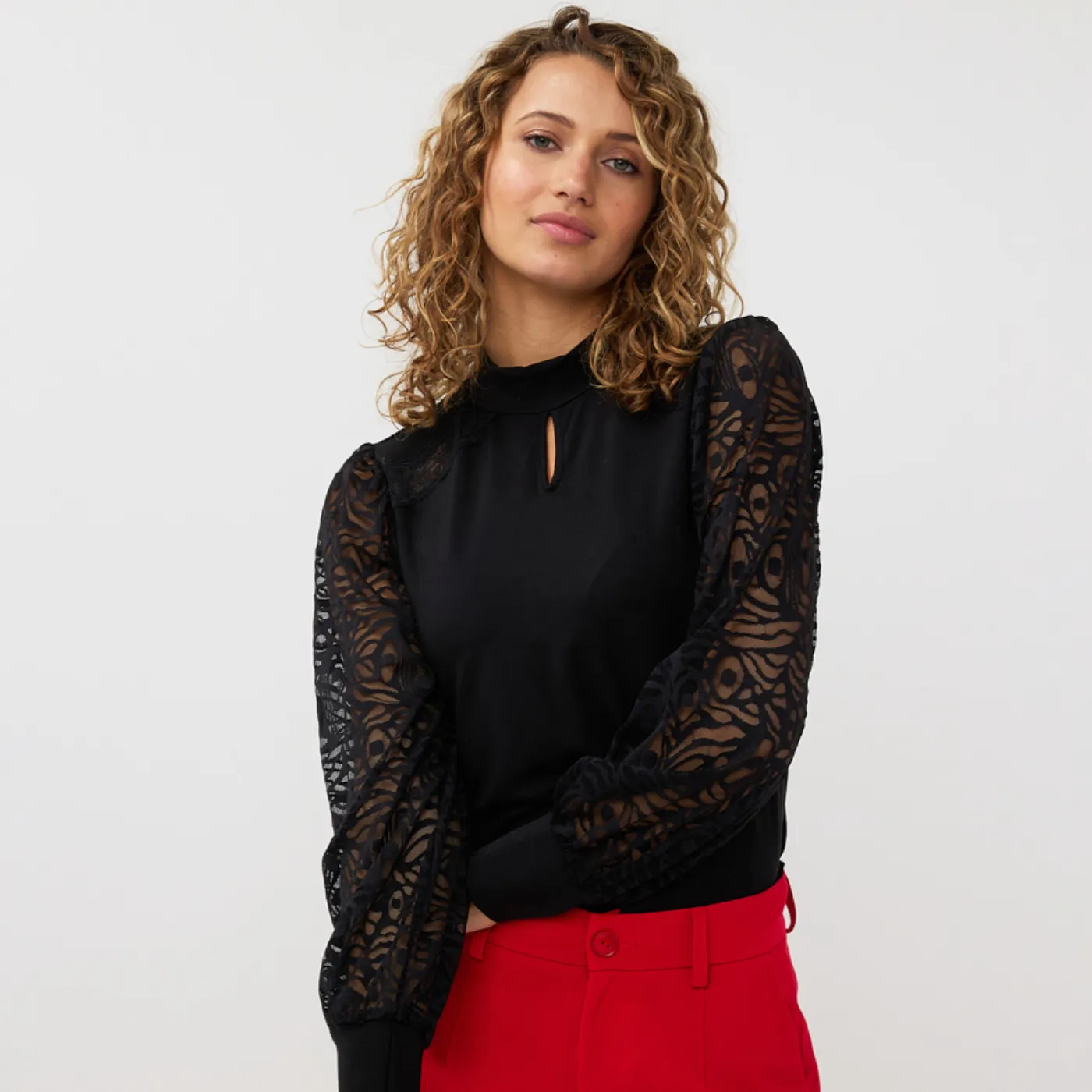 Esqualo Round Neck Blouse With Mesh Lace Sleeves | Black