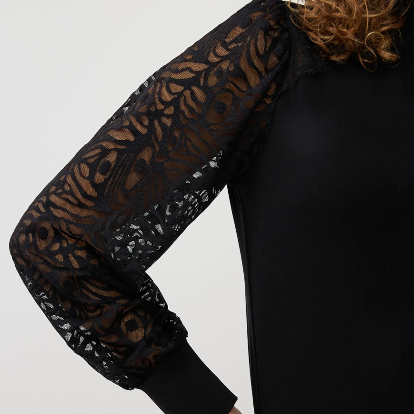 Esqualo Round Neck Blouse With Mesh Lace Sleeves | Black