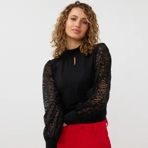 Esqualo Round Neck Blouse With Mesh Lace Sleeves | Black