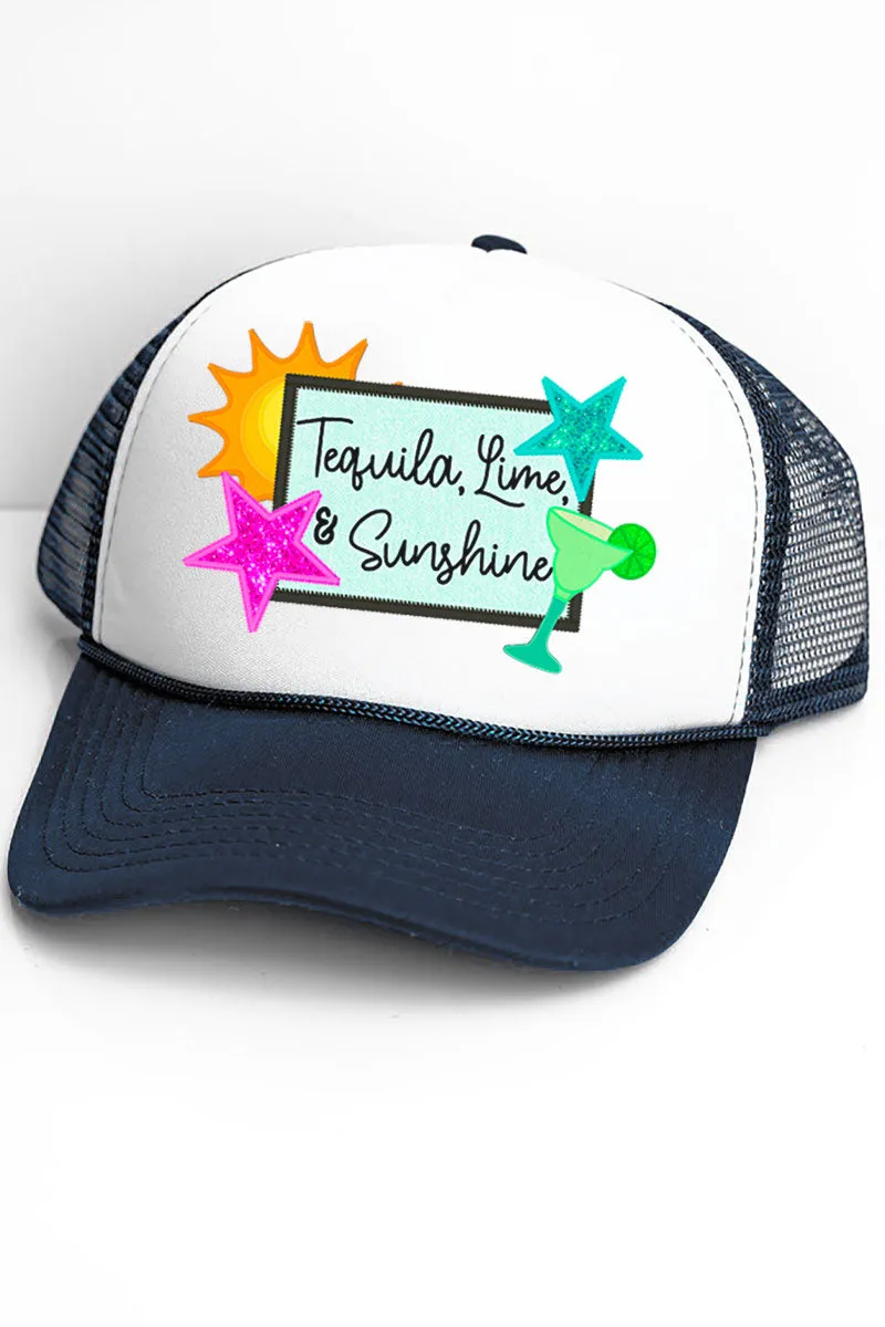 Faux Patch Tequila, Lime, And Sunshine Transfer Foam Mesh Back Trucker Cap