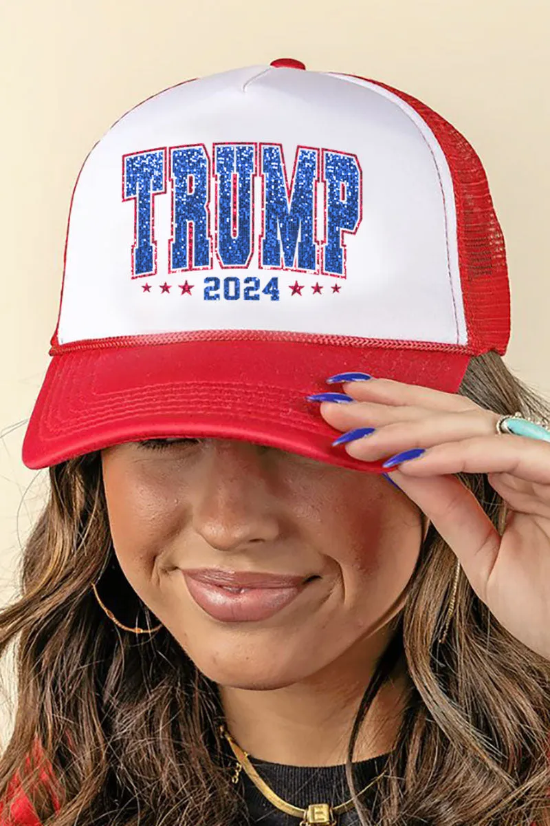 Faux Sequin Trump 2024 Transfer Foam Mesh Back Trucker Cap