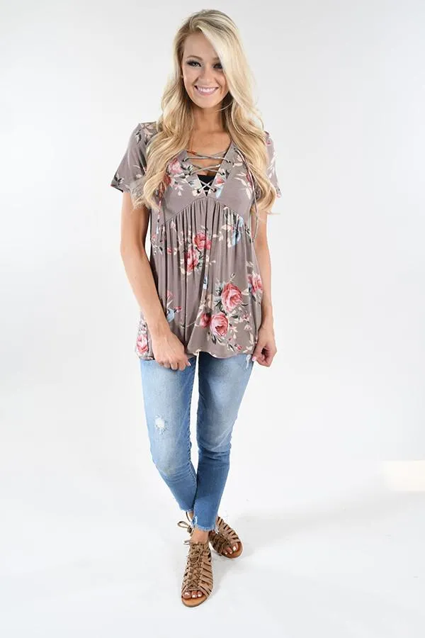 Favorite Lace Up Top ~ Floral Stone