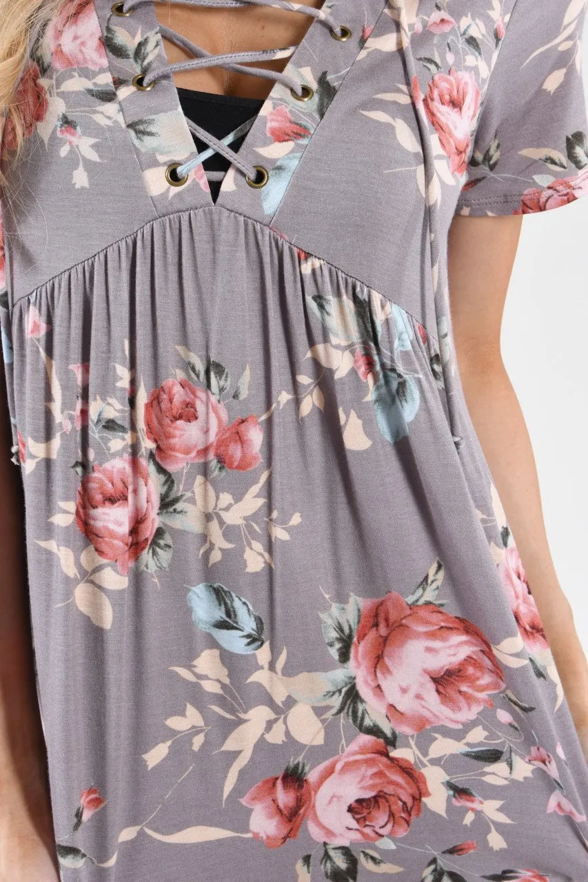Favorite Lace Up Top ~ Floral Stone