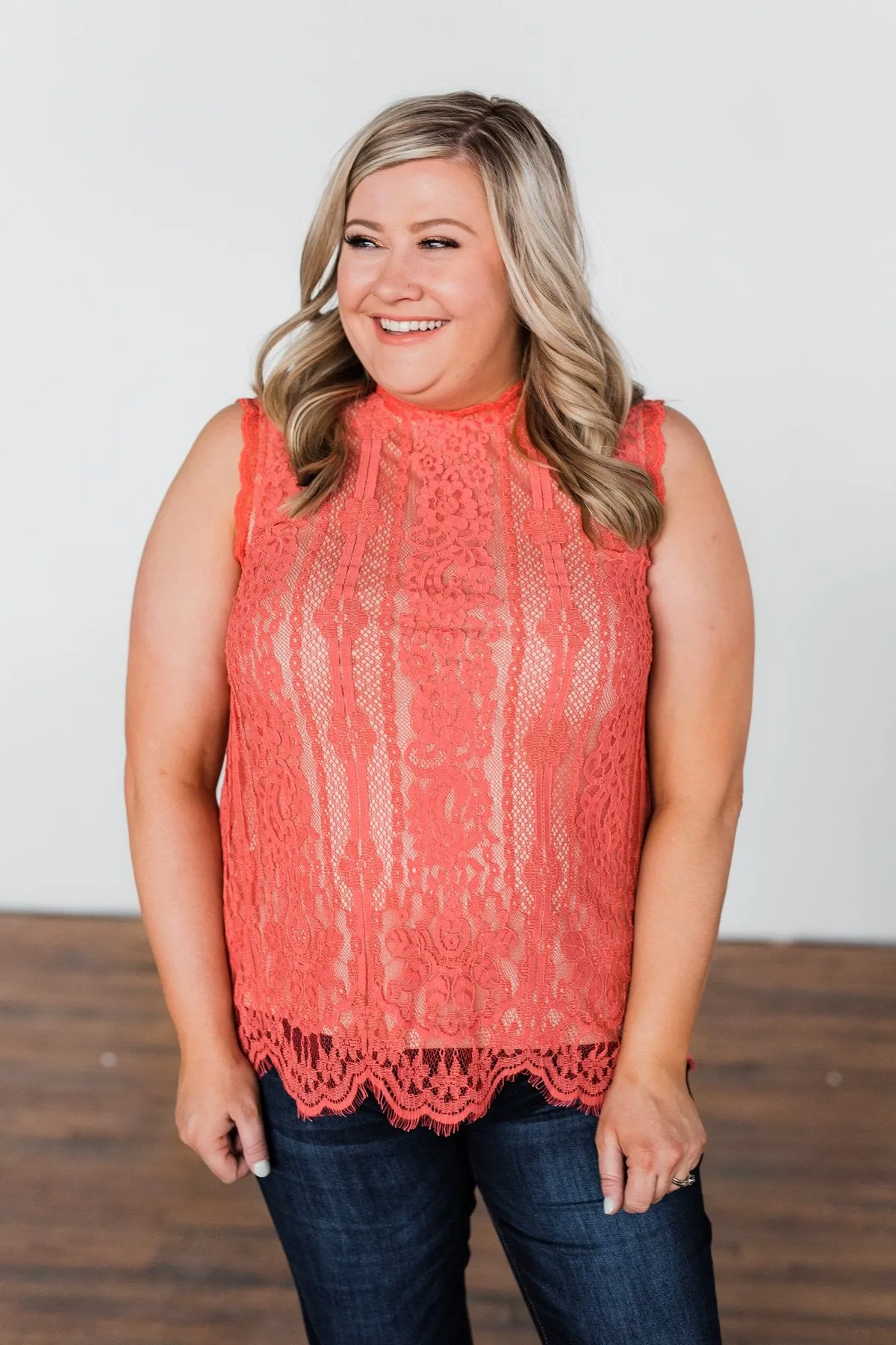 Feeling Flirty Lace Tank Top- Deep Coral