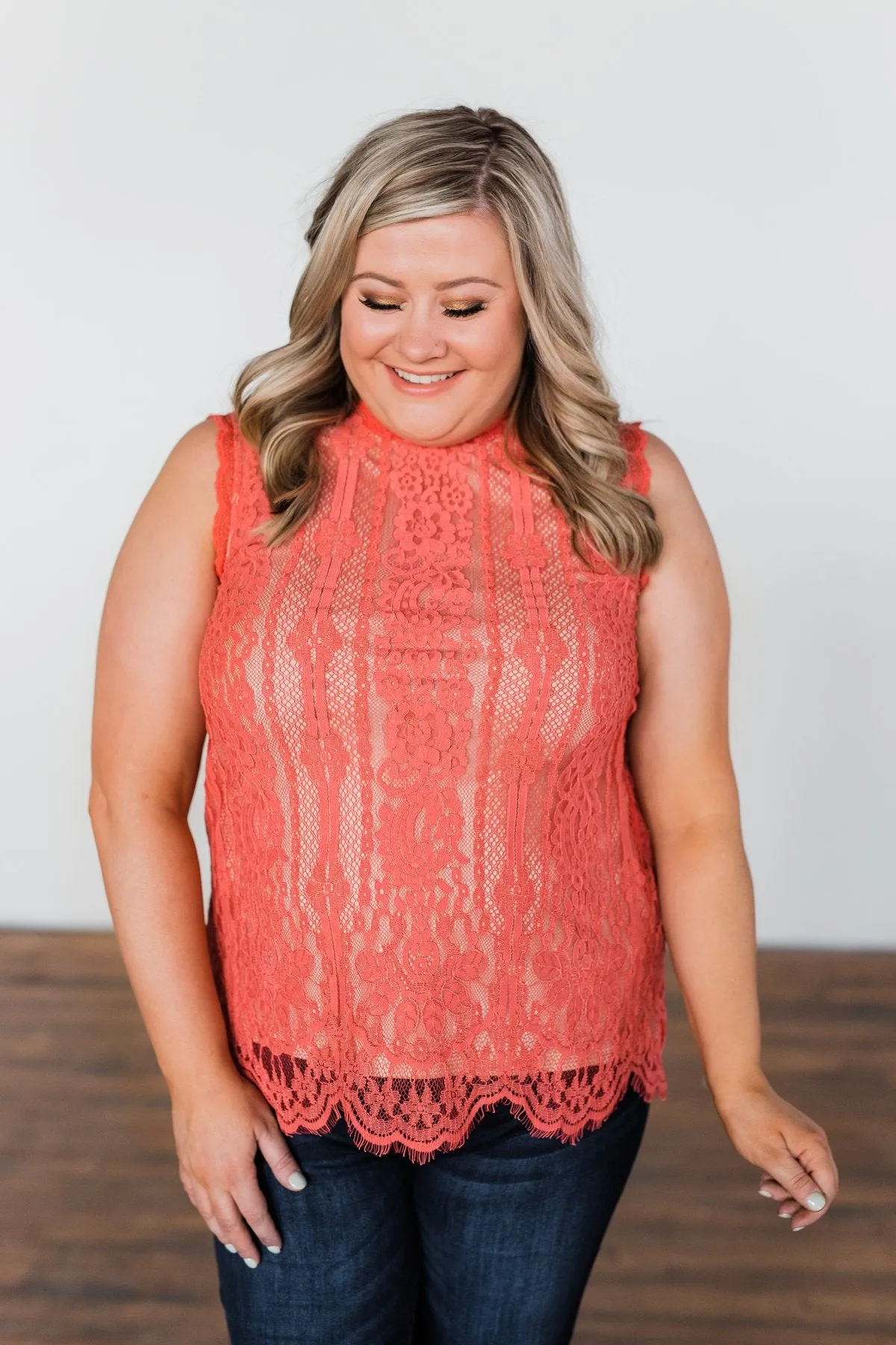 Feeling Flirty Lace Tank Top- Deep Coral