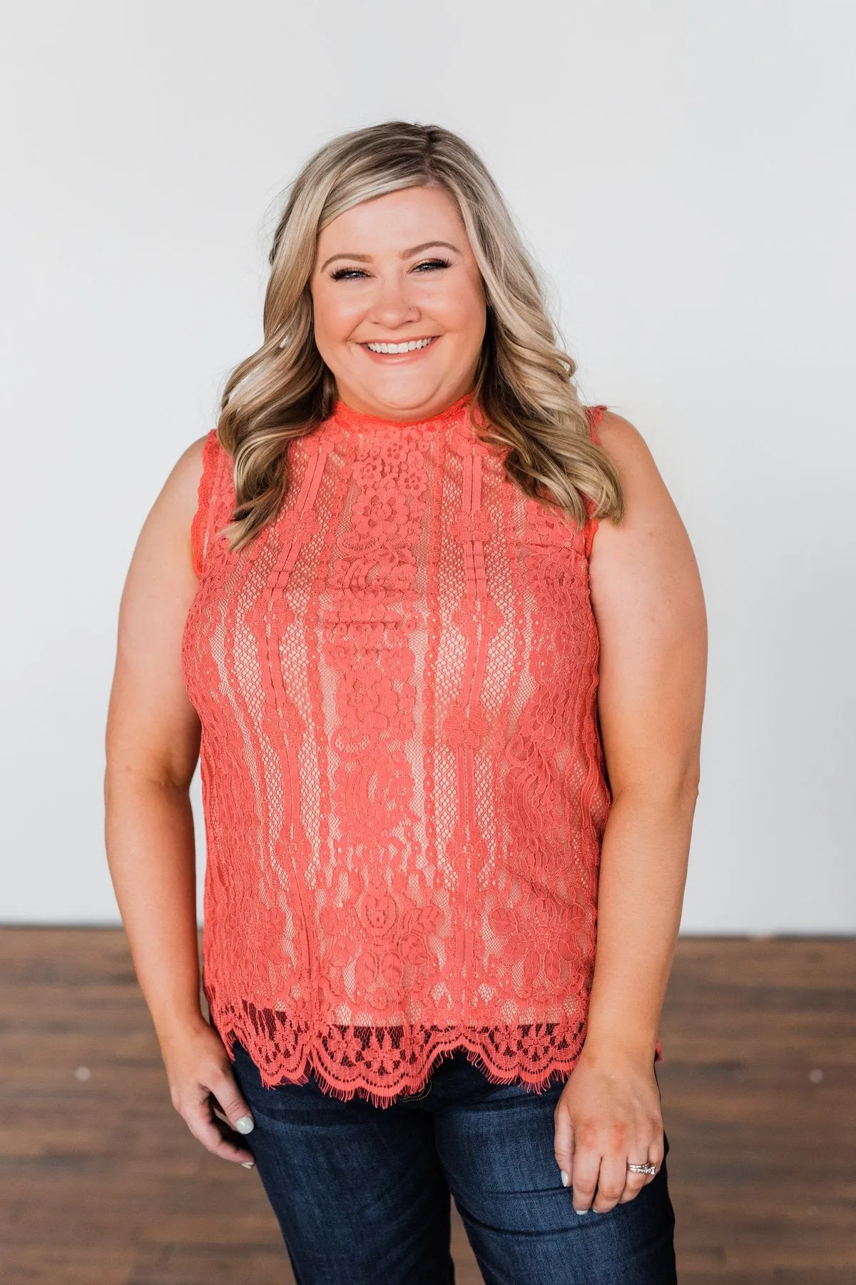 Feeling Flirty Lace Tank Top- Deep Coral