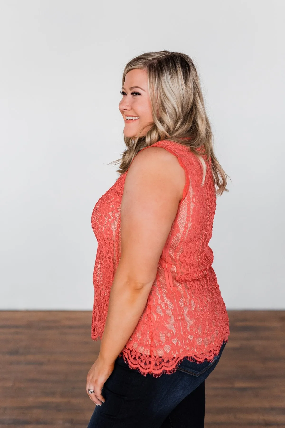 Feeling Flirty Lace Tank Top- Deep Coral