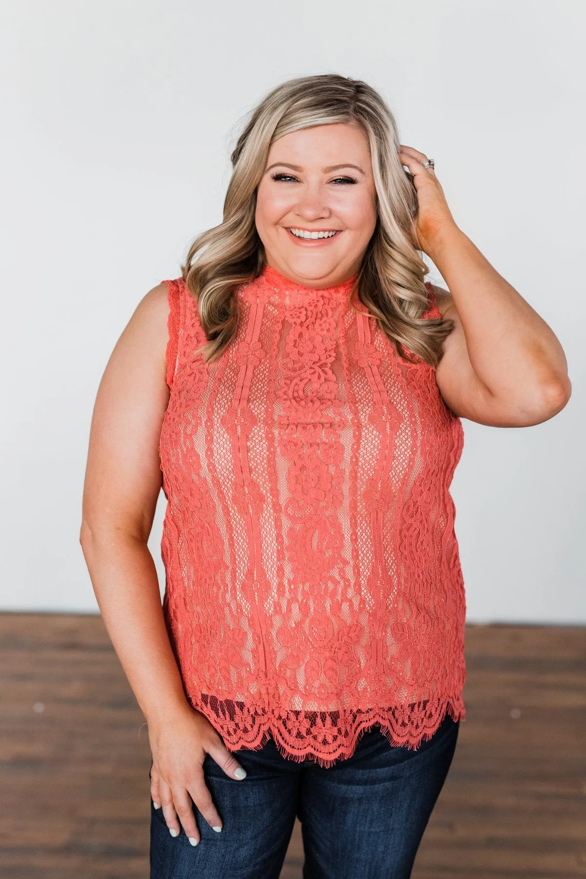 Feeling Flirty Lace Tank Top- Deep Coral