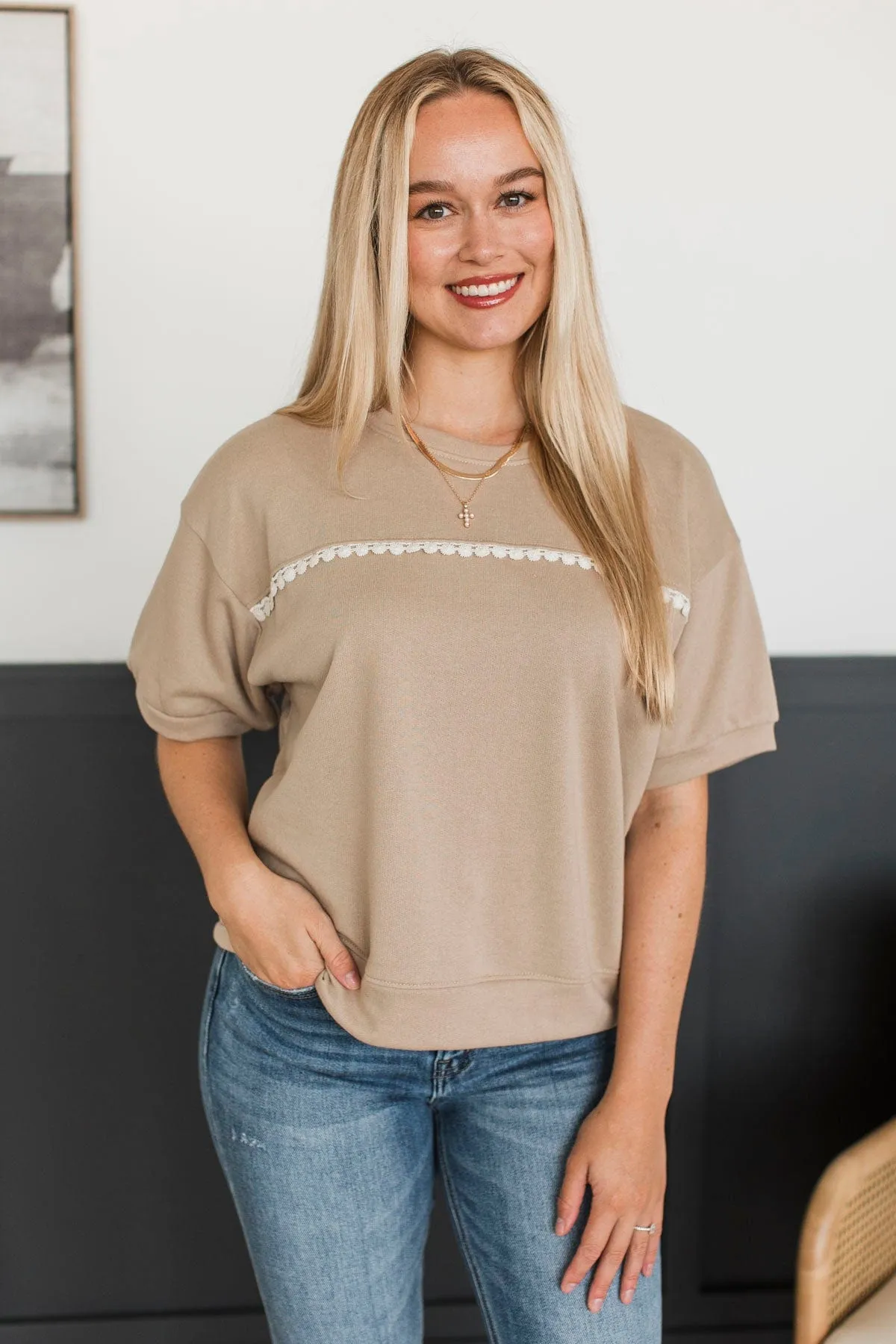 First In Line Short Sleeve Top- Dark Beige