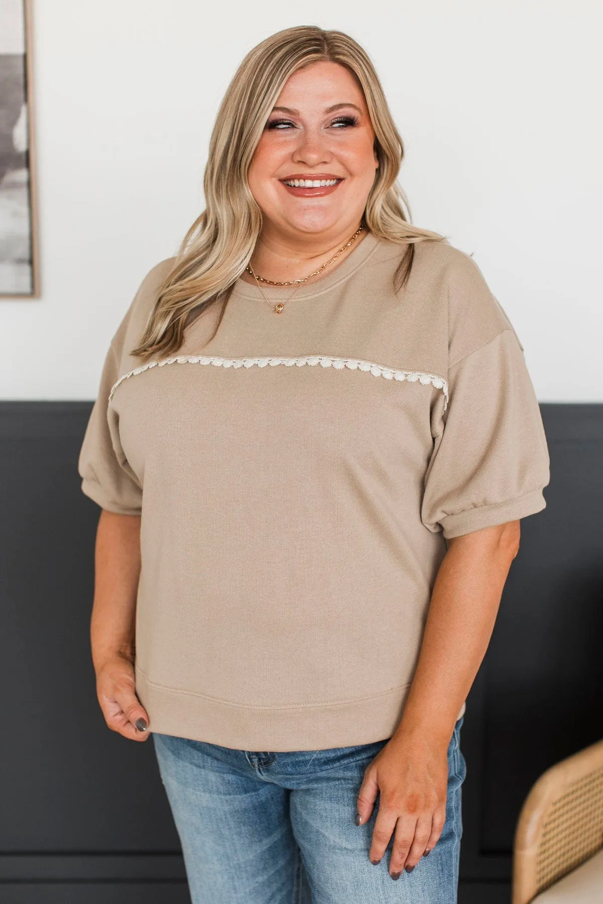 First In Line Short Sleeve Top- Dark Beige