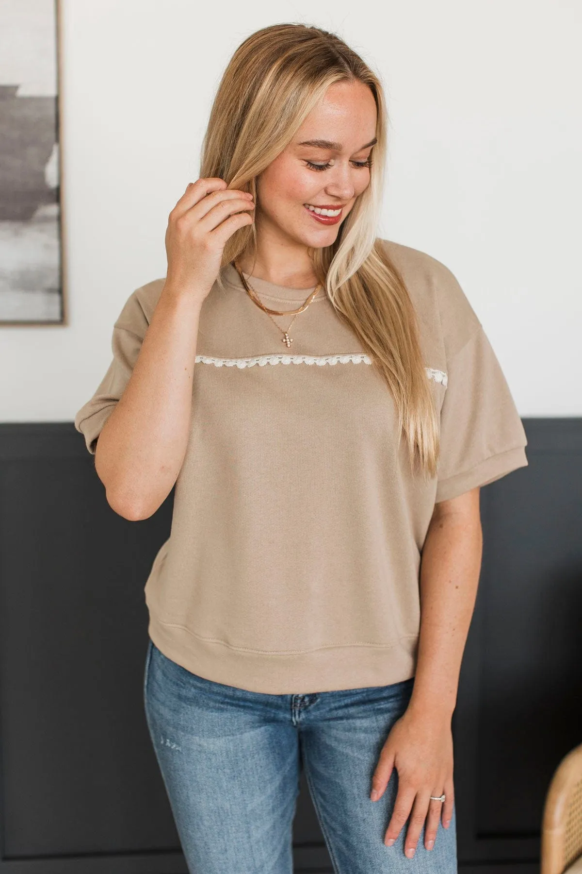 First In Line Short Sleeve Top- Dark Beige