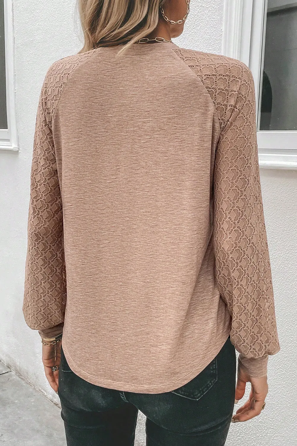 Flaxen Contrast Lace Raglan Sleeve Plicated Round Neck Top