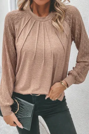 Flaxen Contrast Lace Raglan Sleeve Plicated Round Neck Top