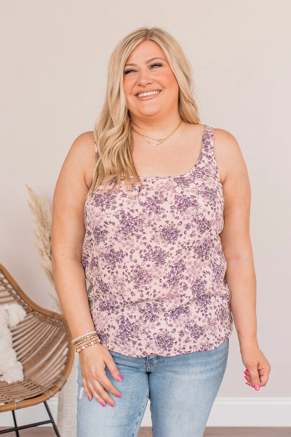 Floral Happiness Pleated Tank Top- Lavender