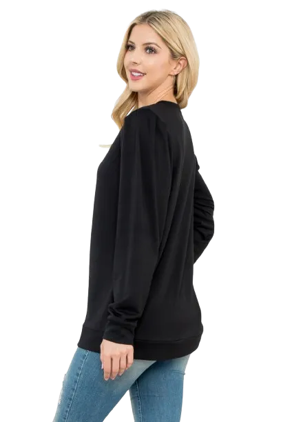 French Terry Pleated Sleeve Top Black - Pack of 4