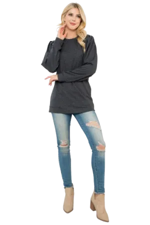 French Terry Pleated Sleeve Top Charcoal - Pack of 4