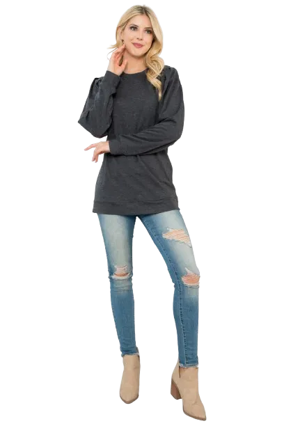 French Terry Pleated Sleeve Top Charcoal - Pack of 4