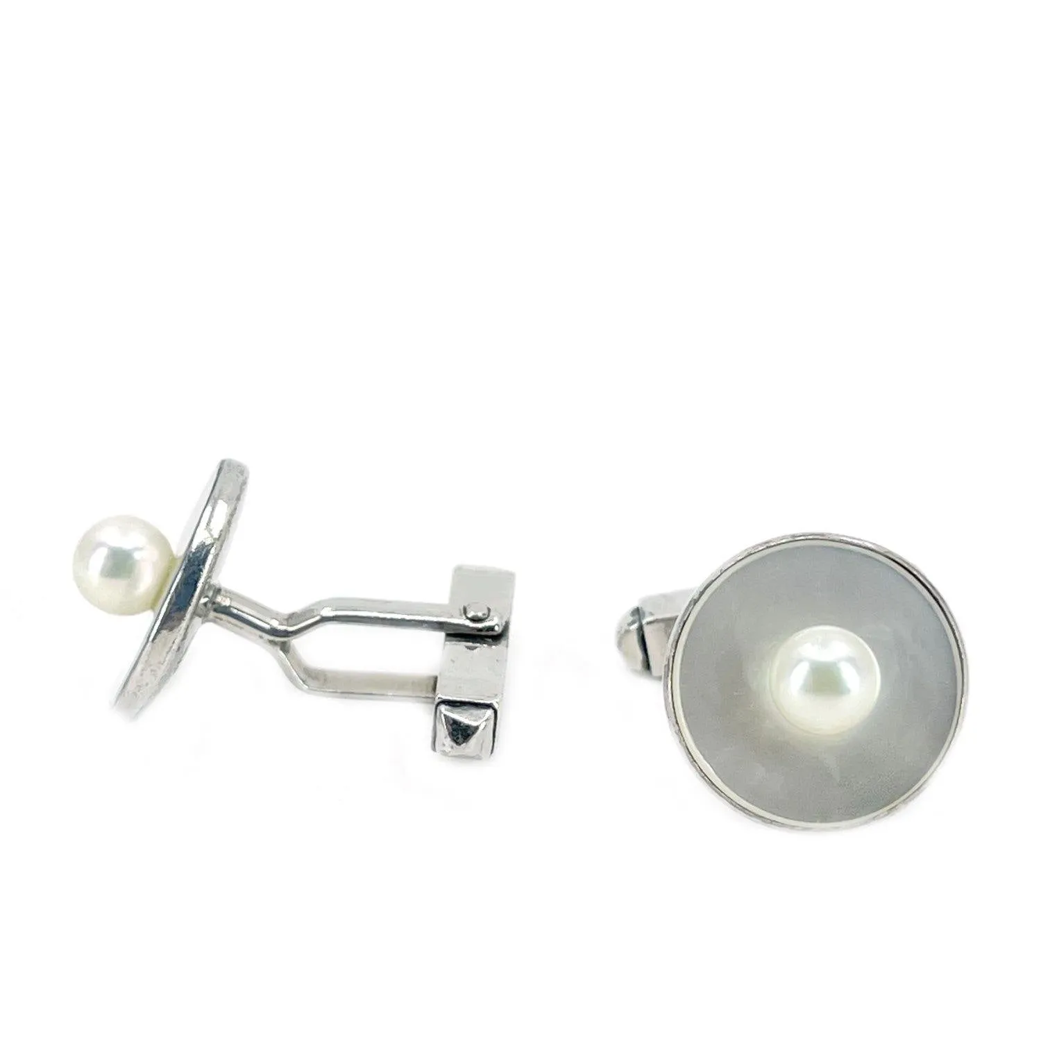 Fuji Pearl Designer Japanese Cultured Akoya Pearl Mother of Pearl Mid Century Cufflinks- Sterling Silver