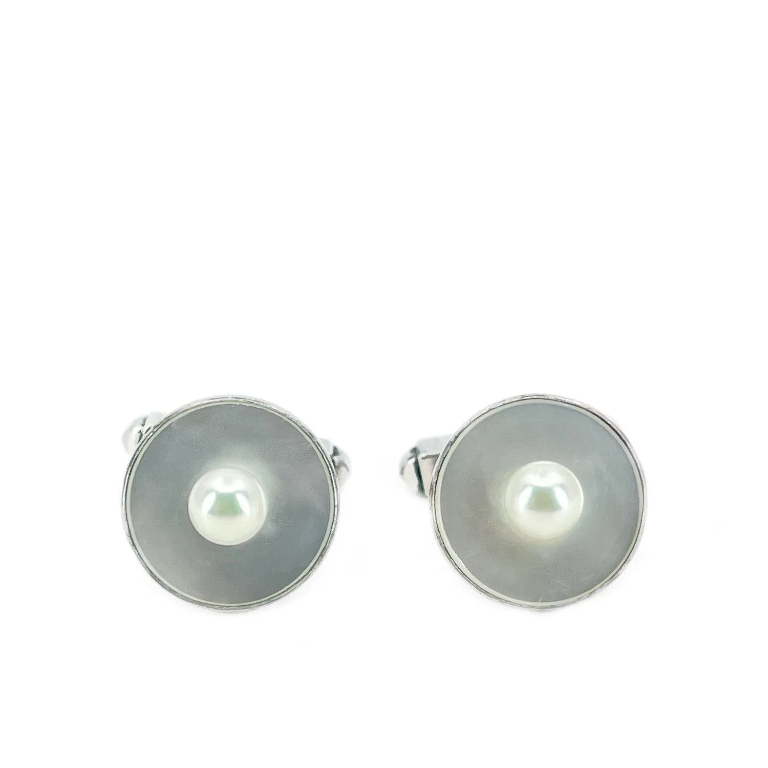 Fuji Pearl Designer Japanese Cultured Akoya Pearl Mother of Pearl Mid Century Cufflinks- Sterling Silver