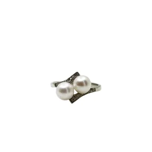 Fuji Pearl Designer Vintage Engraved Bypass Japanese Saltwater Akoya Cultured Pearl Ring- Sterling Silver Sz 6