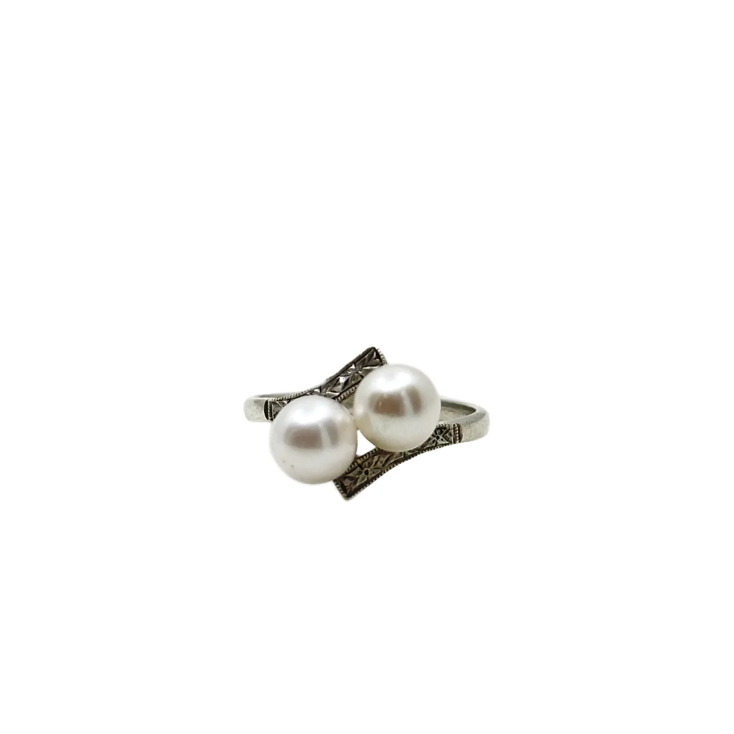 Fuji Pearl Designer Vintage Engraved Bypass Japanese Saltwater Akoya Cultured Pearl Ring- Sterling Silver Sz 6