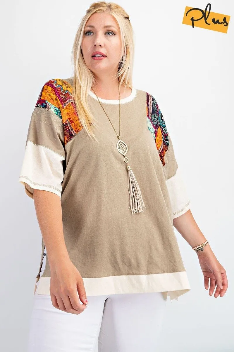 Fun & Colorful Short Sleeves Cotton Slub Knit Color Block Top