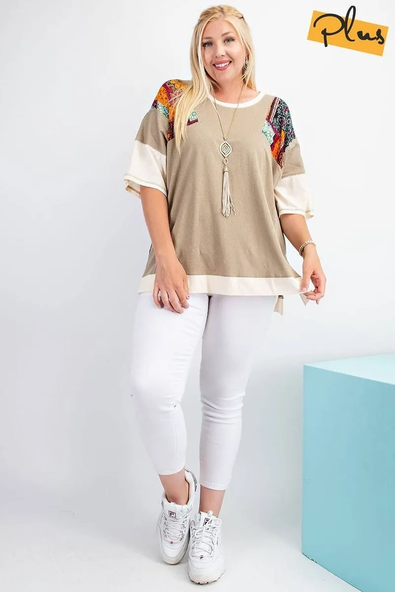 Fun & Colorful Short Sleeves Cotton Slub Knit Color Block Top