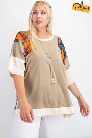 Fun & Colorful Short Sleeves Cotton Slub Knit Color Block Top