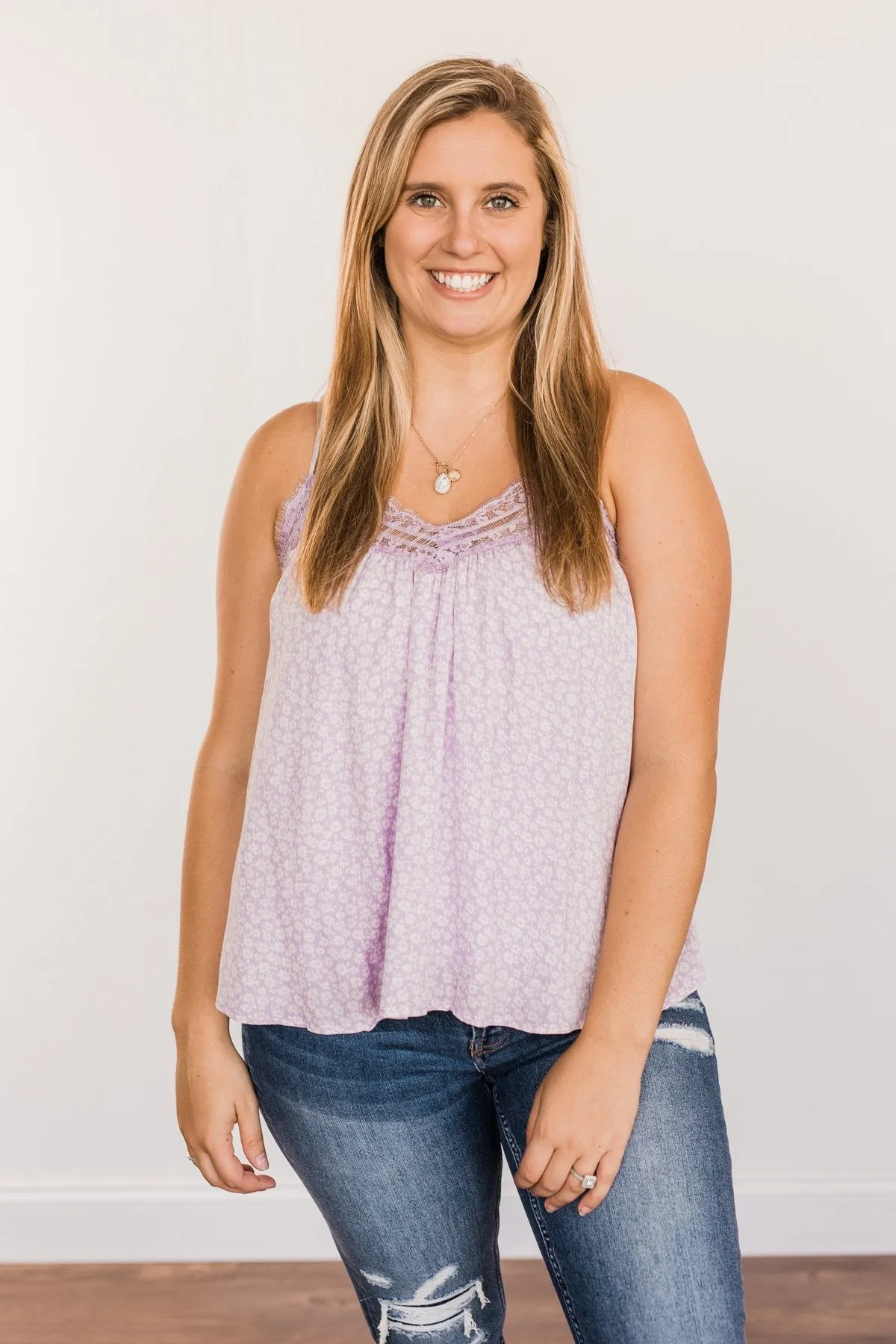 Golden Days Floral Lace Tank- Lavender