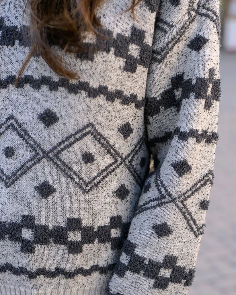 Grace & Lace Cloud Intarsia Knit Sweater - Mixed Grey