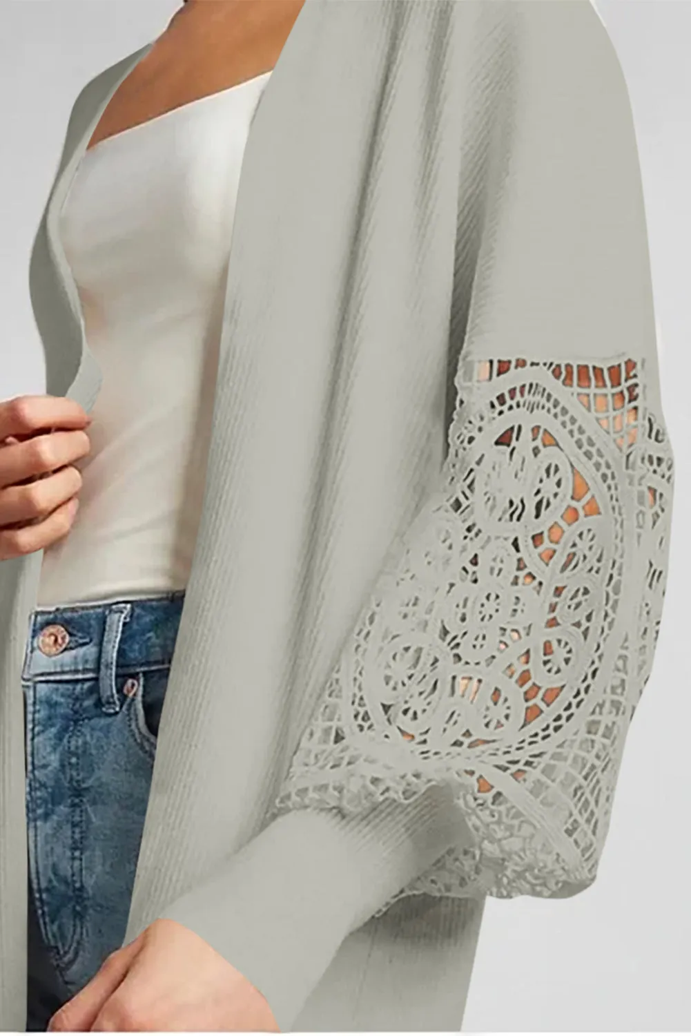Gray Ribbed Cutout Lace Patch Sleeve Open Cardigan