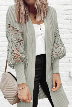 Gray Ribbed Cutout Lace Patch Sleeve Open Cardigan