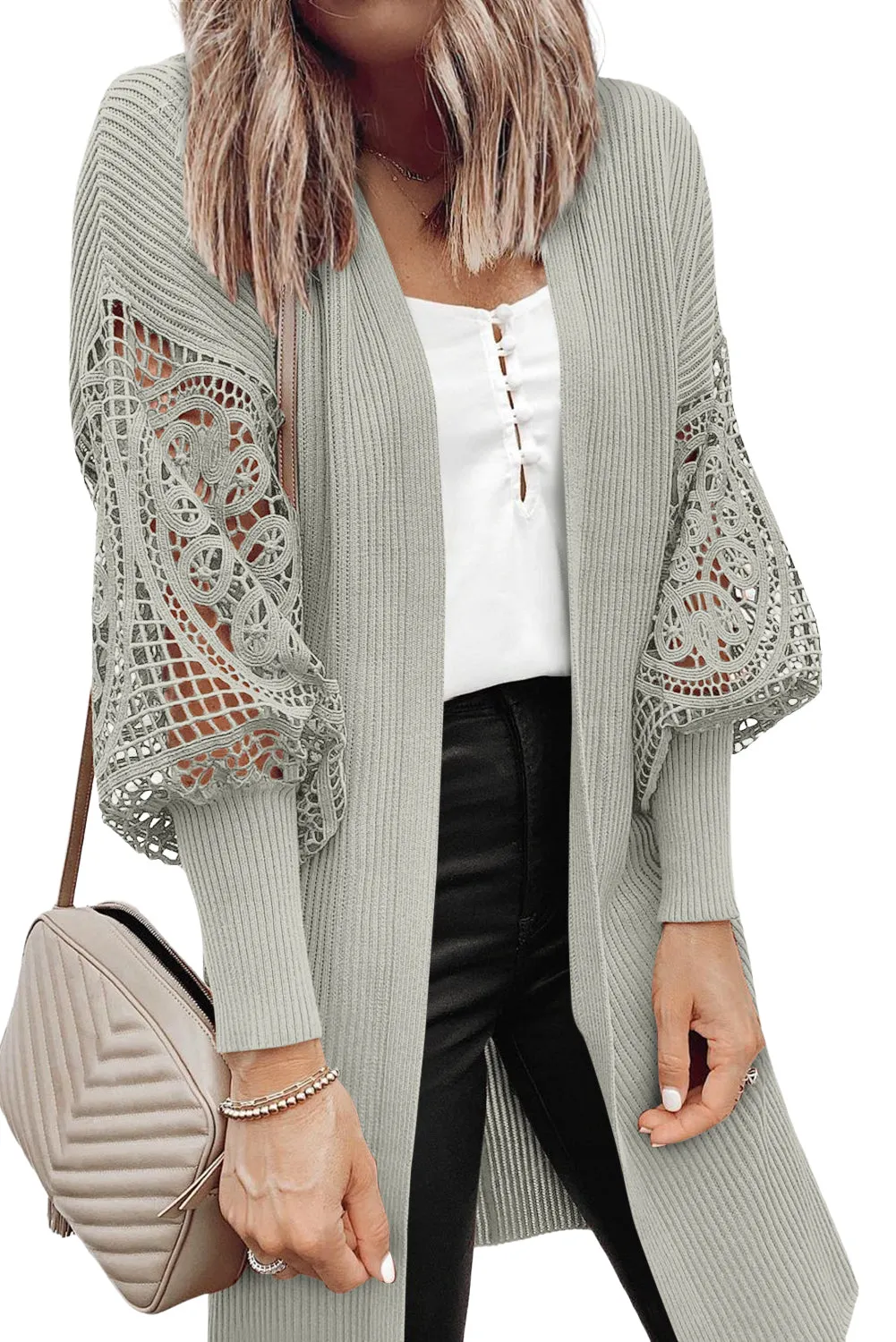 Gray Ribbed Cutout Lace Patch Sleeve Open Cardigan