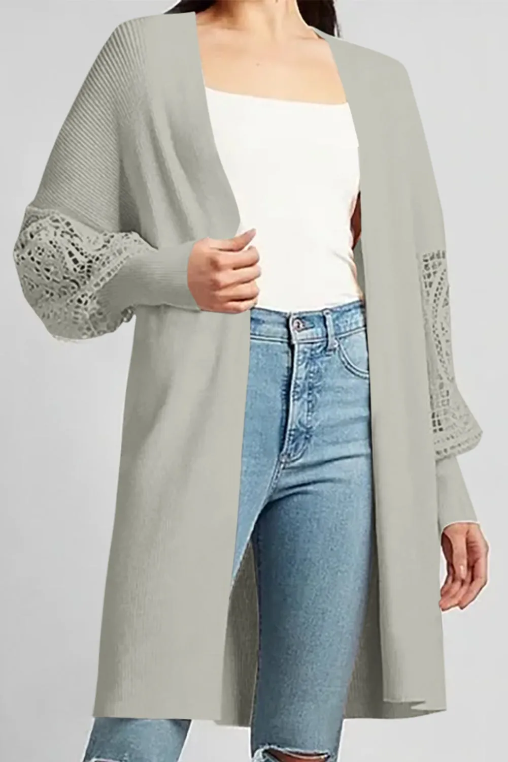 Gray Ribbed Cutout Lace Patch Sleeve Open Cardigan