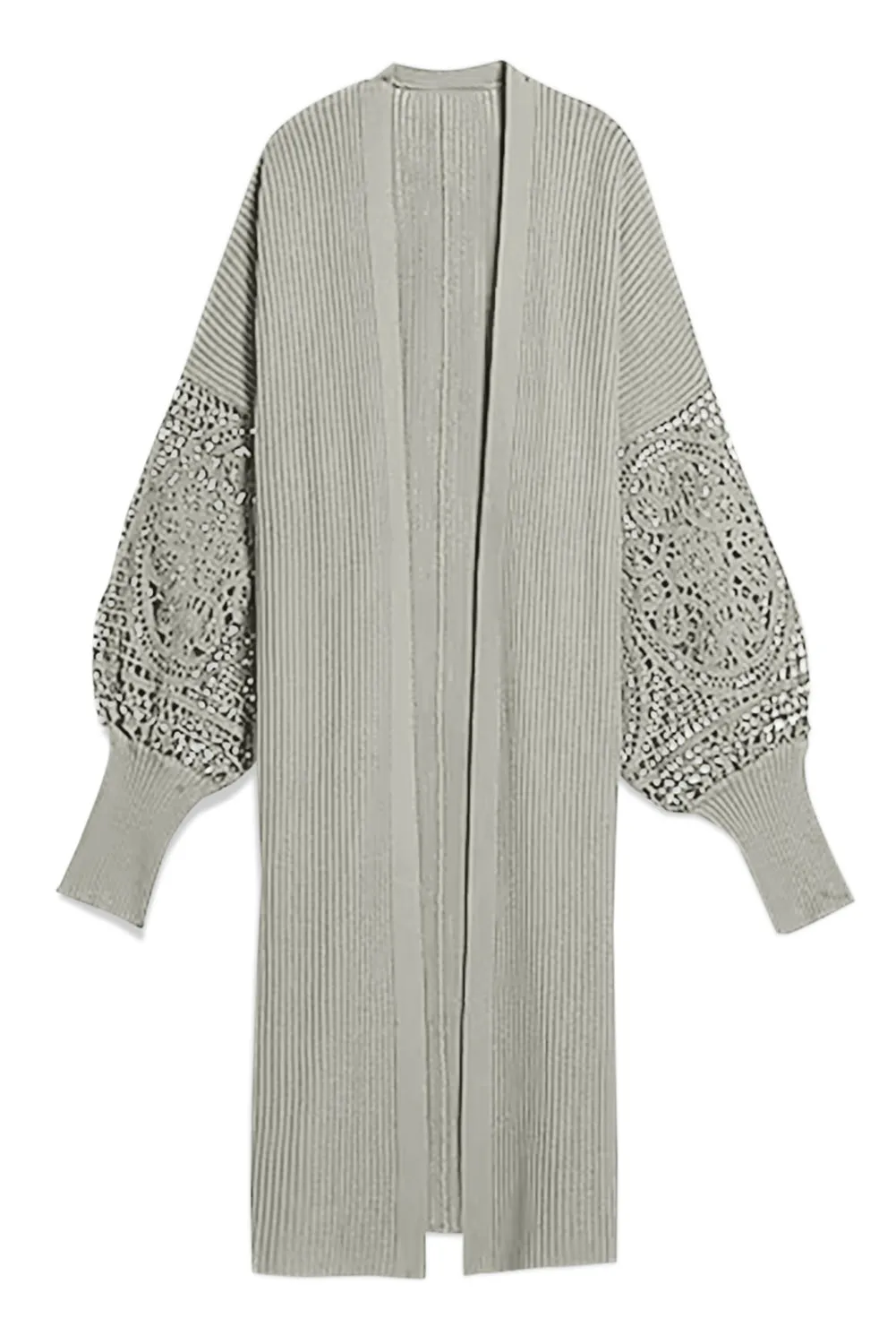 Gray Ribbed Cutout Lace Patch Sleeve Open Cardigan