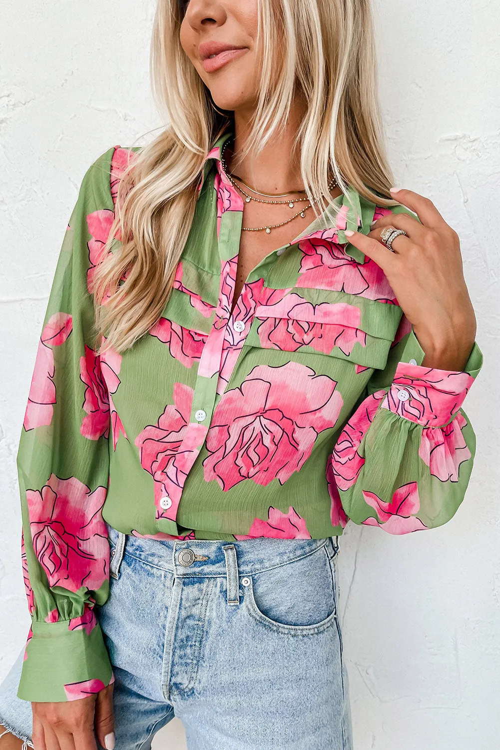 Green Floral Print Pleated Detail Puff Sleeve Shirt