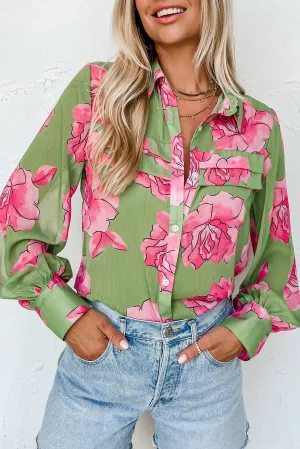 Green Floral Print Pleated Detail Puff Sleeve Shirt
