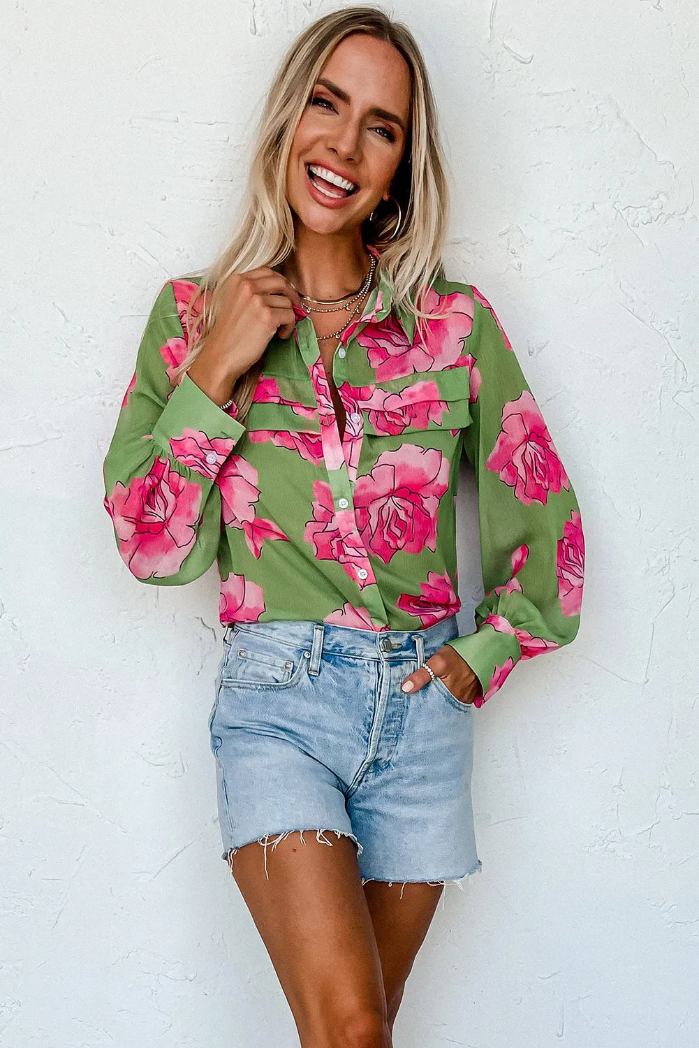 Green Floral Print Pleated Detail Puff Sleeve Shirt