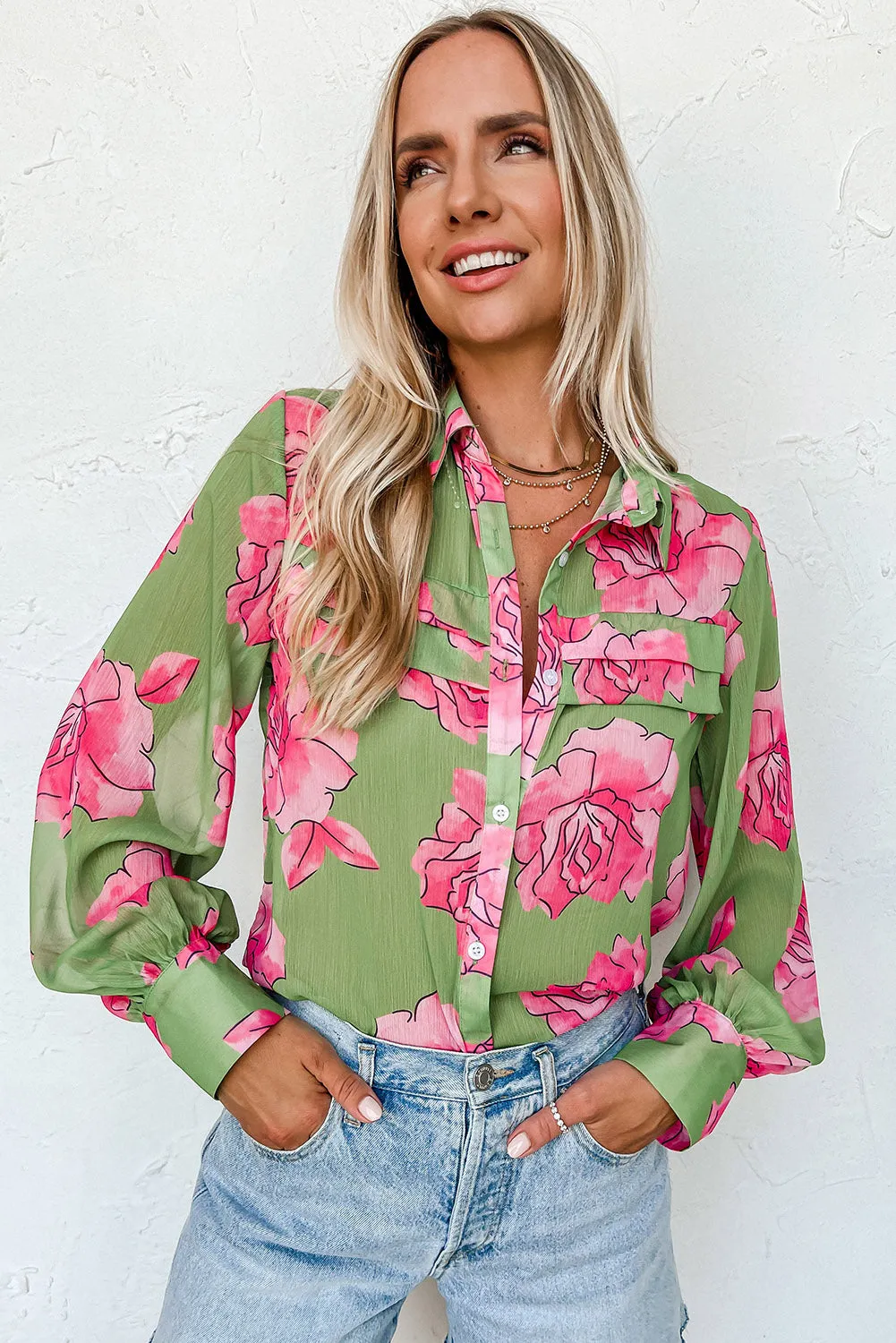 Green Floral Print Pleated Detail Puff Sleeve Shirt